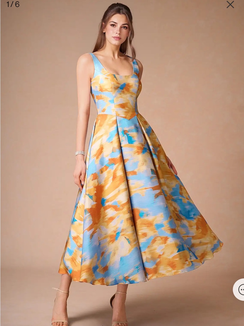 Azazie Scoop-Neck Floral Midi Dress in Blue & Gold